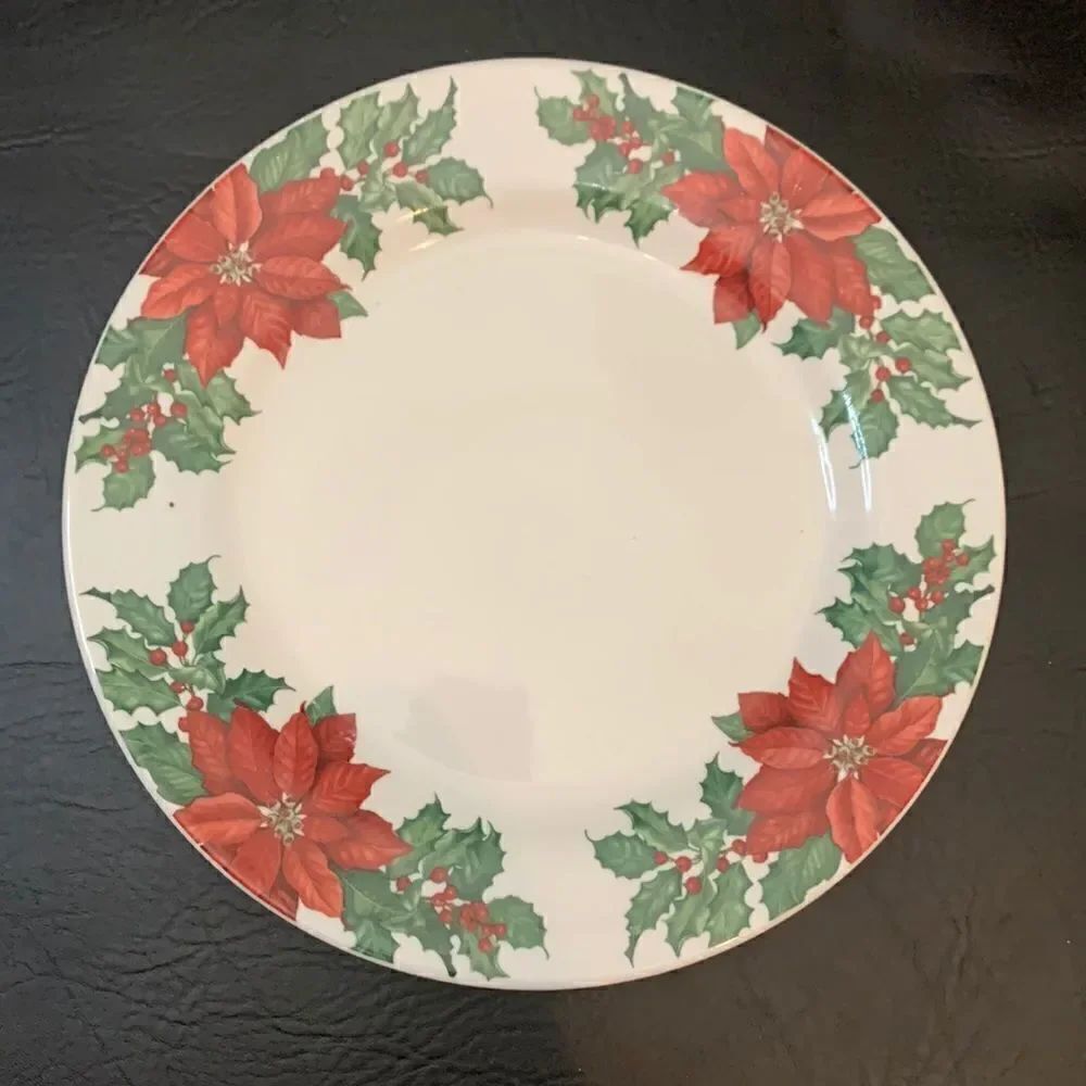 Hallmark Poinsettia Christmas Dinner Plate 10 1/2 Inches Round Red Green White